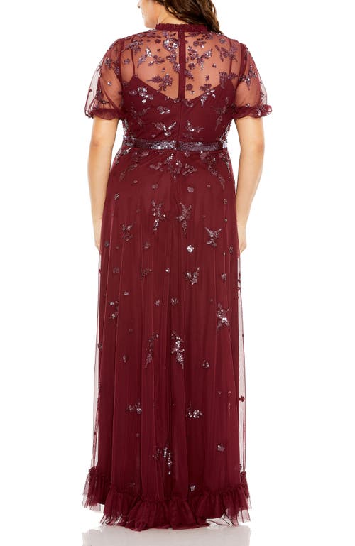 Mac Duggal High Neck Puff Short Sleeve Embellished Faux Wrap In Burgundy