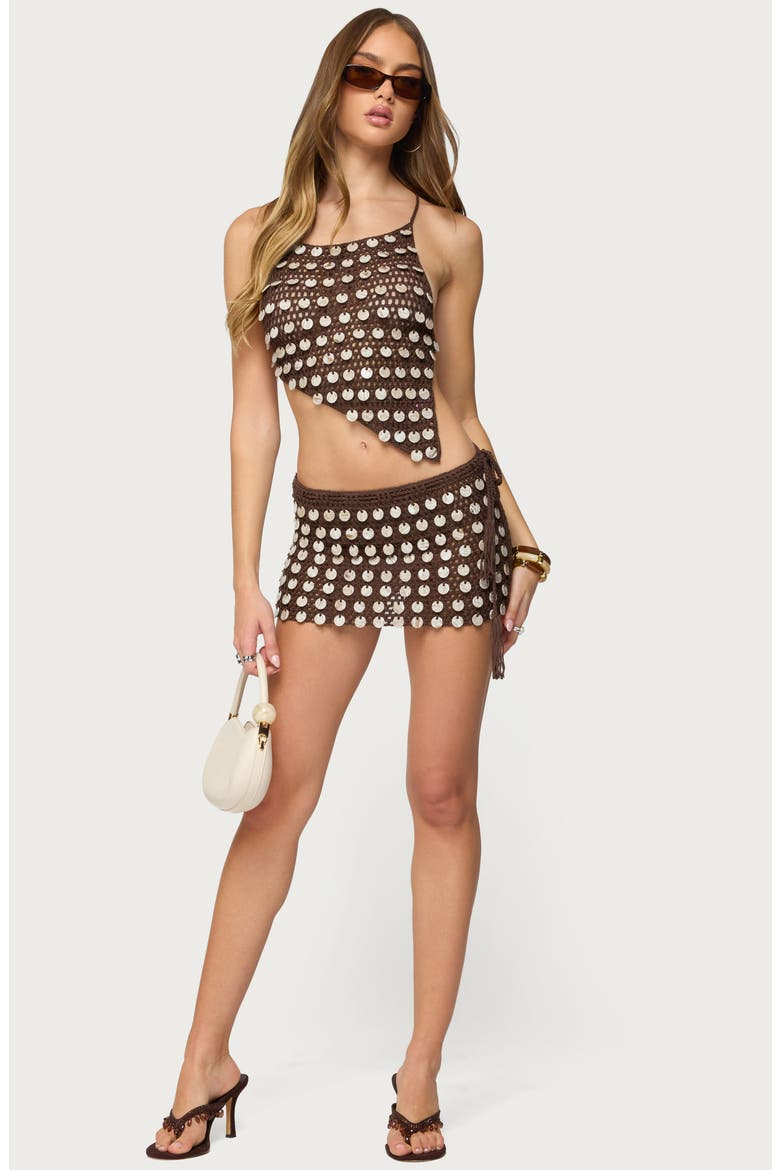 Alora Iridescent Open Stitch Miniskirt, Alternate, color, BROWN
