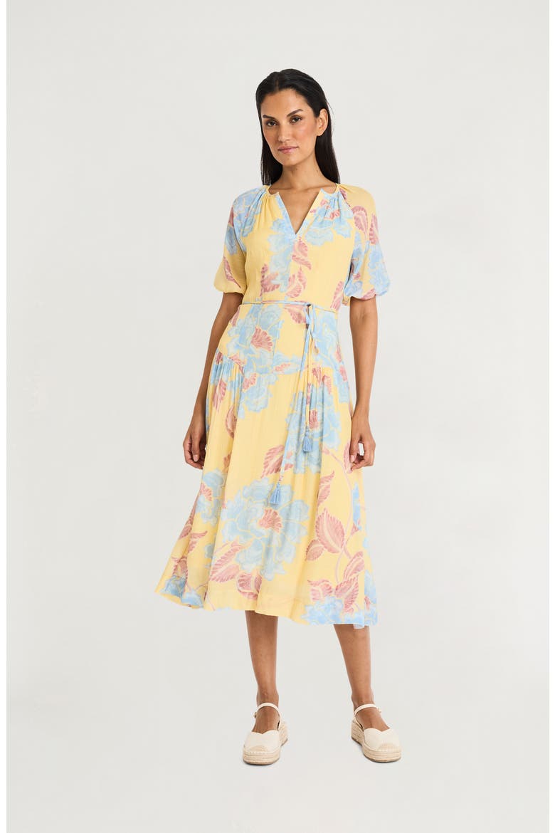 Split Neck Midi Dress, Alternate, color, YELLOW/ BLUE