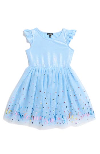 Zunie Kids' Smile Foil Flutter Sleeve Mesh Dress In Blue