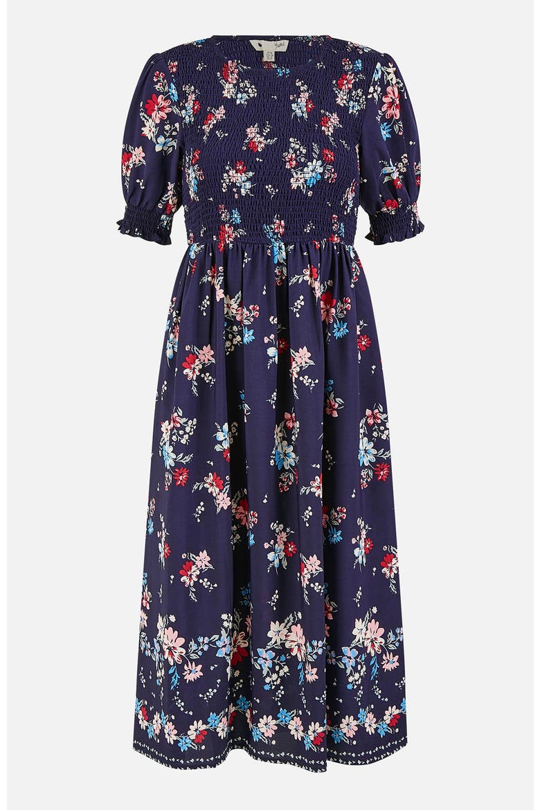 Smocked Bodice Floral Ruched Midi Dress, Alternate, color, Navy