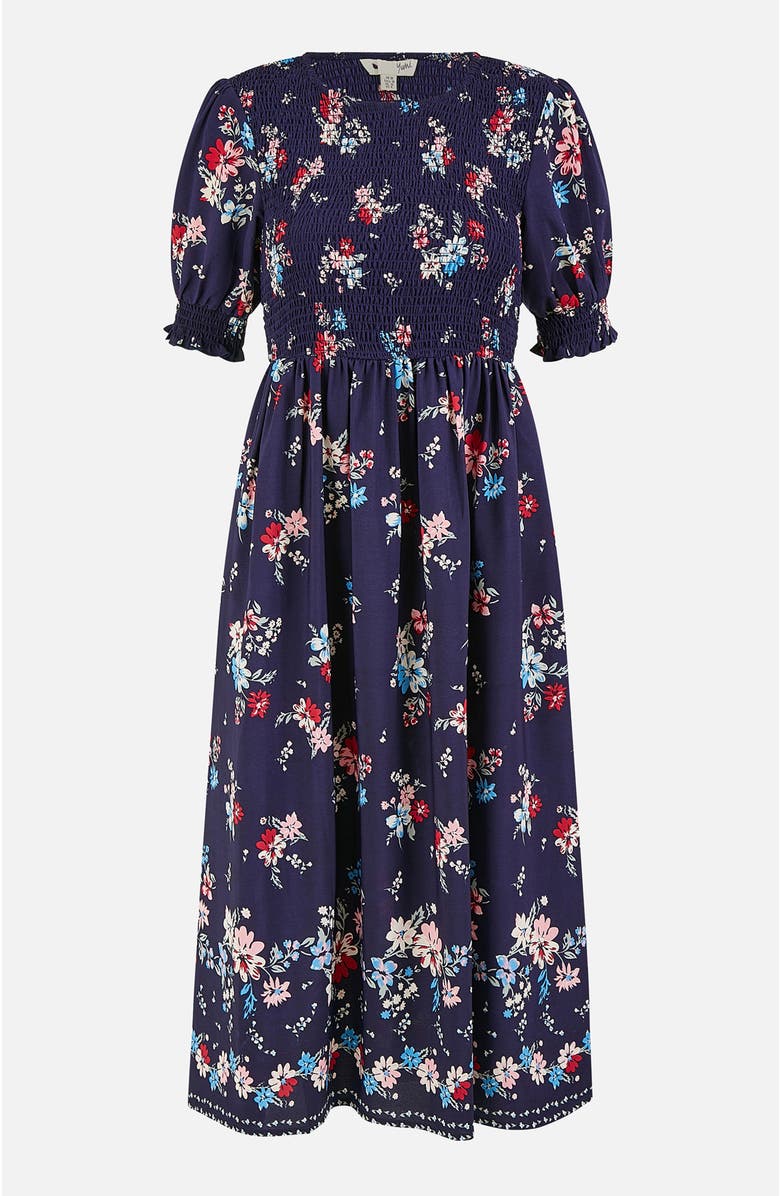 Yumi Smocked Bodice Floral Ruched Midi Dress, Alternate, color, Navy