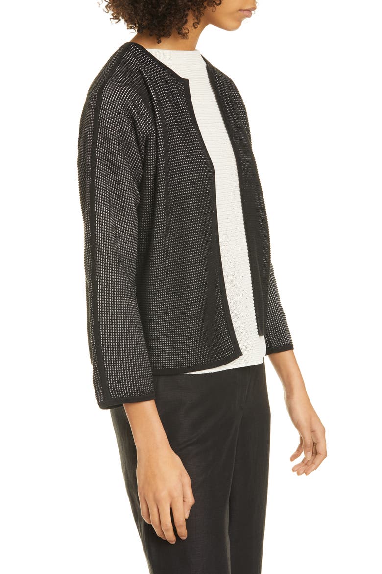 Textured Silk & Organic Cotton Cardigan, Alternate, color, BLACK/ IVORY