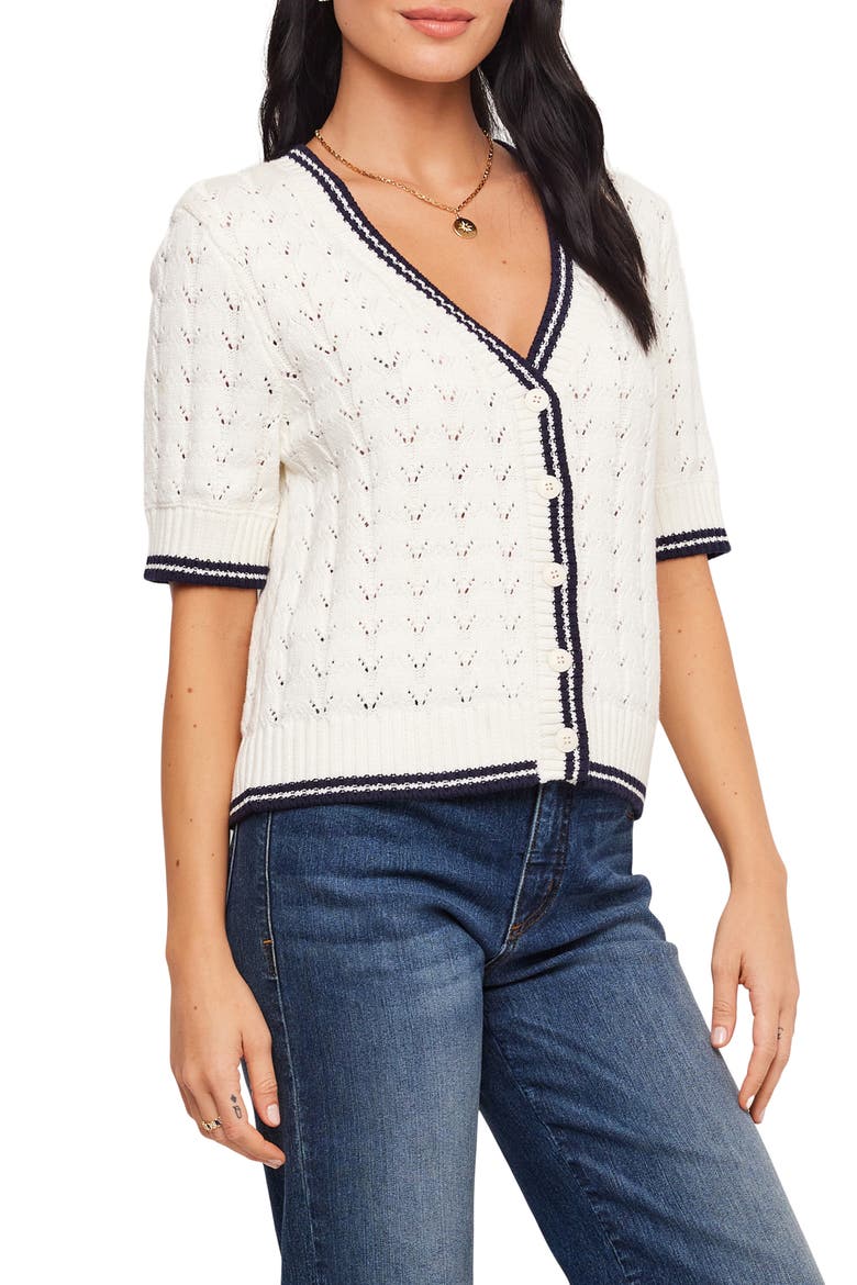 Pointelle Cotton Blend Short Sleeve Cardigan, Alternate, color, OFF WHITE