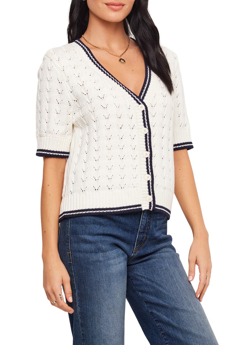 Karen Kane Pointelle Cotton Blend Short Sleeve Cardigan, Alternate, color, Off White