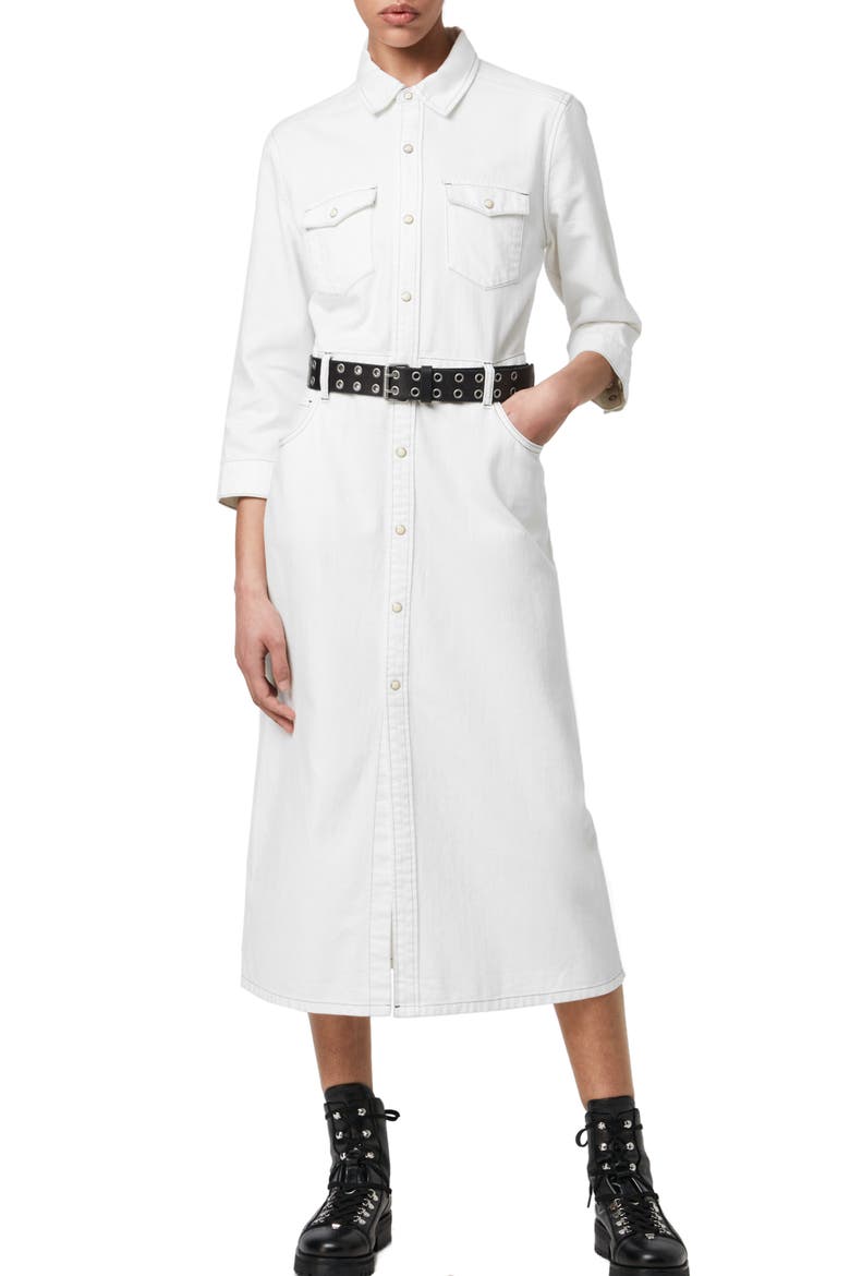 Polly Long Sleeve Denim Midi Shirtdress, Alternate, color, WHITE