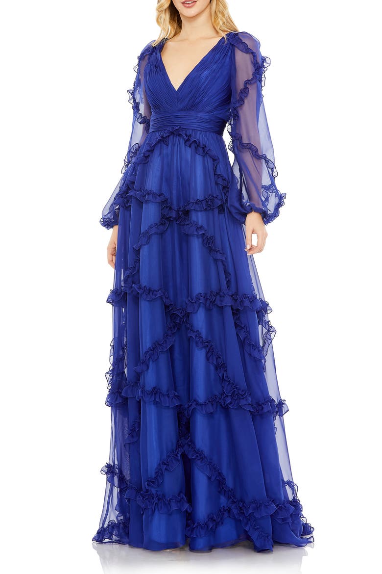 Cascade Ruffle Long Sleeve A-Line Gown, Main, color, SAPPHIRE