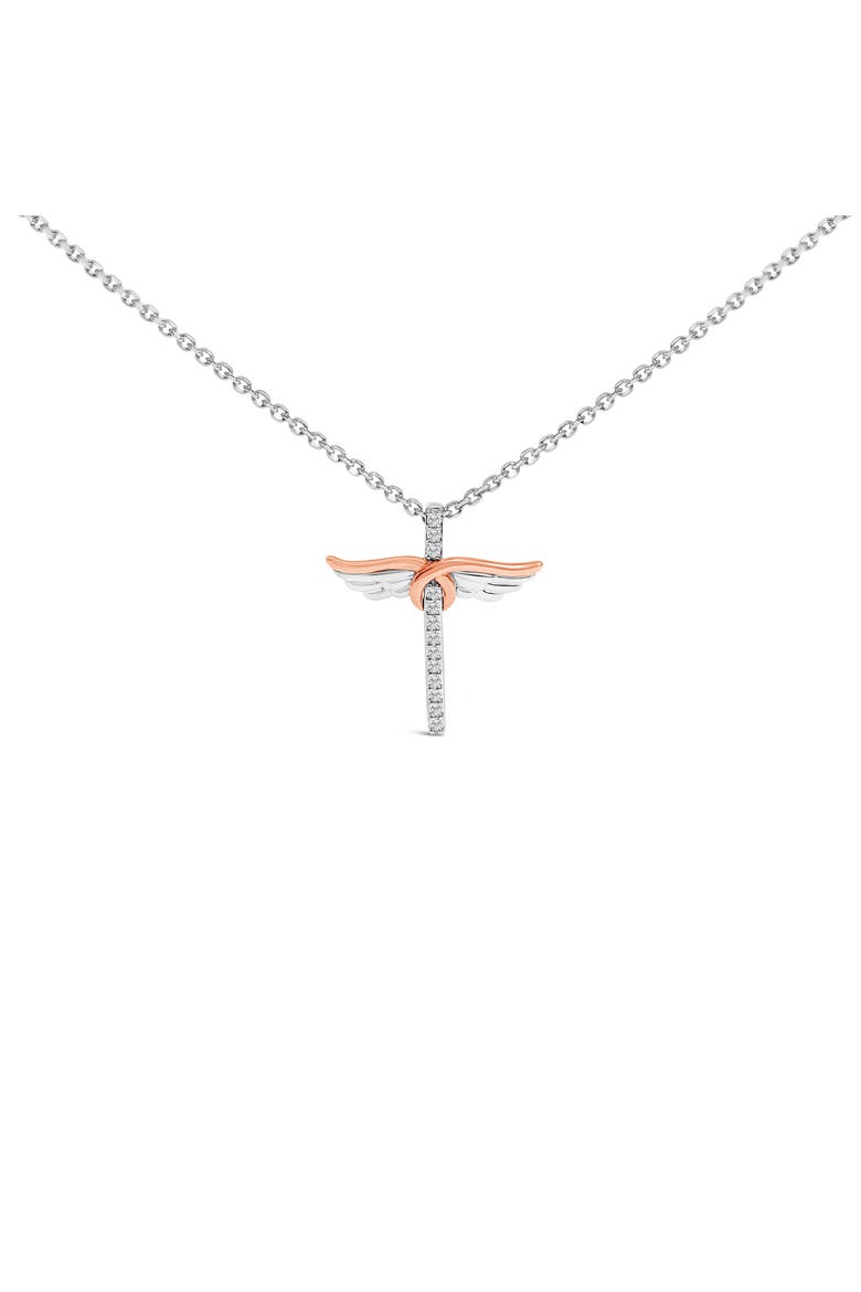 14K Rose Gold Plated Sterling Silver 1/5 Cttw Diamond Wing Cross Pendant Necklace, Main, color, White Gold over Silver