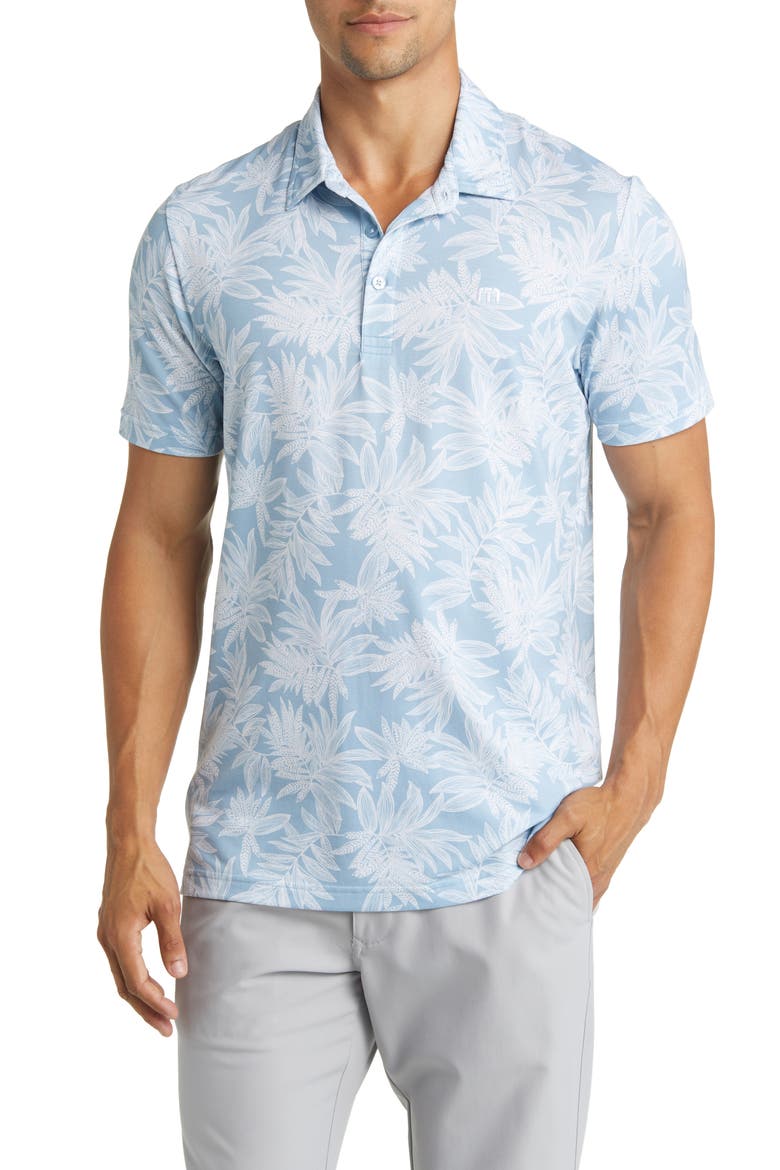 Sea Journey Leaf Print Stretch Polo, Main, color, ASH BLUE