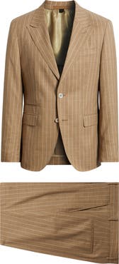 BOSS Camel Heston Slim Fit Pinstripe Wool Blend Double Breasted Suit