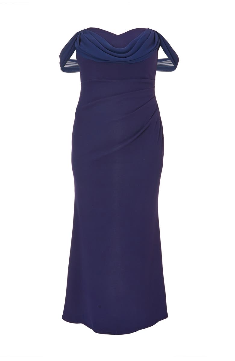 QUIZ Plus Size Scuba Crepe/Chiffon Bardot Maxi Dress, Alternate, color, Navy