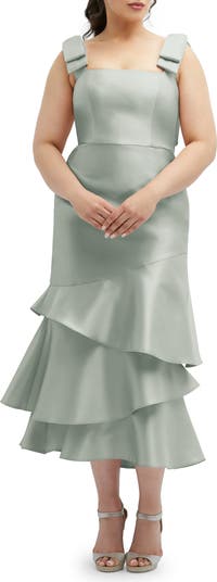 Layered Ruffle Tie Strap Satin Midi Dress