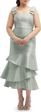 Dessy Collection Layered Ruffle Tie Strap Satin Midi Dress