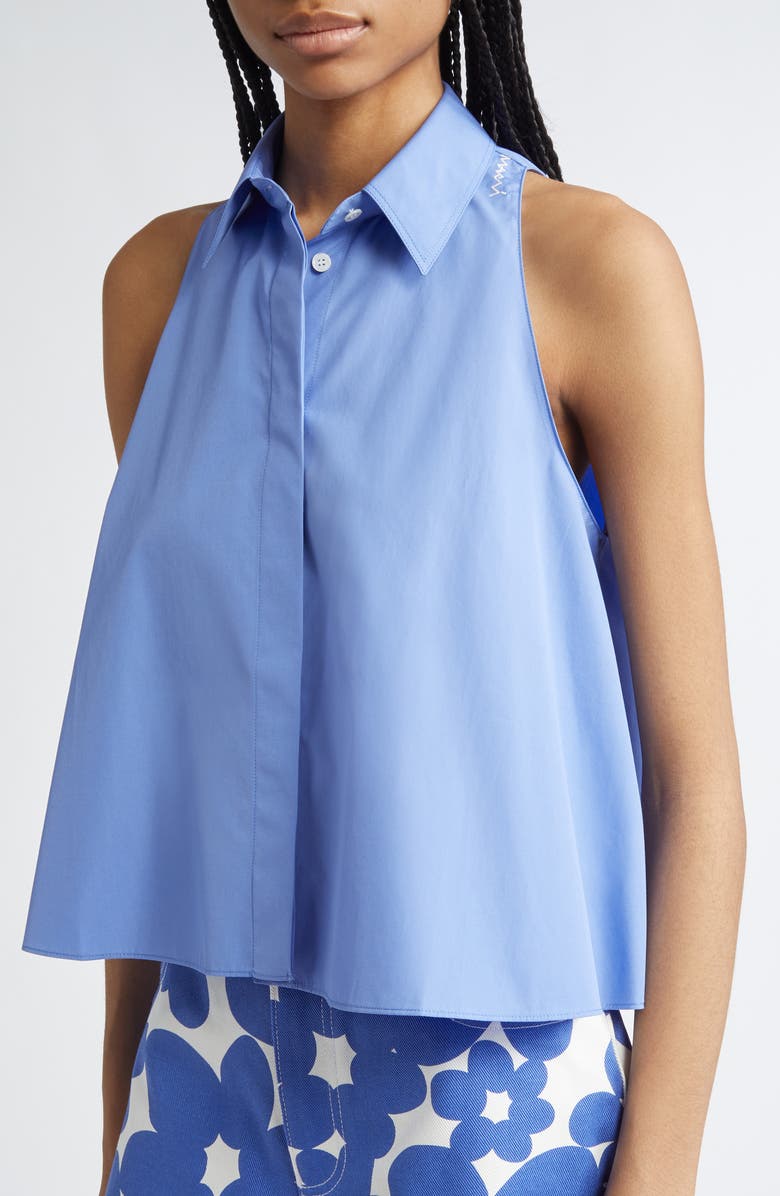 Marni Embroidered Logo Sleeveless Cotton Button-Up Shirt, Alternate, color, Periwinkle
