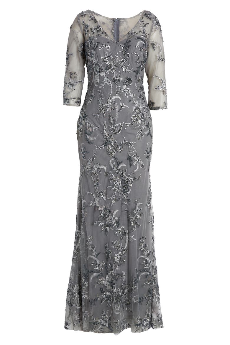 Beaded Lace Mermaid Gown, Alternate, color, GUNMETAL