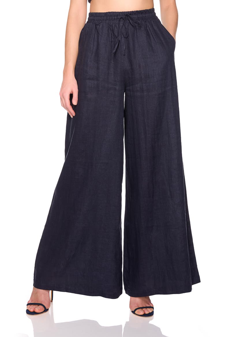 Tie Waist Wide Leg Linen Pants, Alternate, color, MIDNIGHT