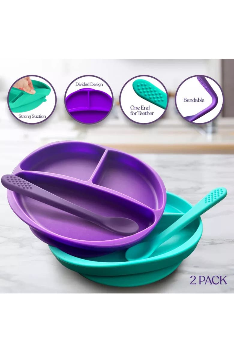 Silicone Suction Divided Plate and Spoon Toddler Training Self Feeding Set, 2-Pack, Alternate, color, Purple & Turquoise