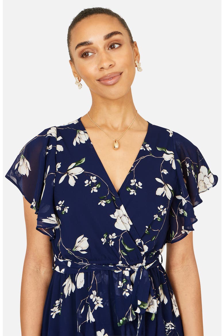 Floral Frill Hem Wrap Midi Dress, Alternate, color, Navy