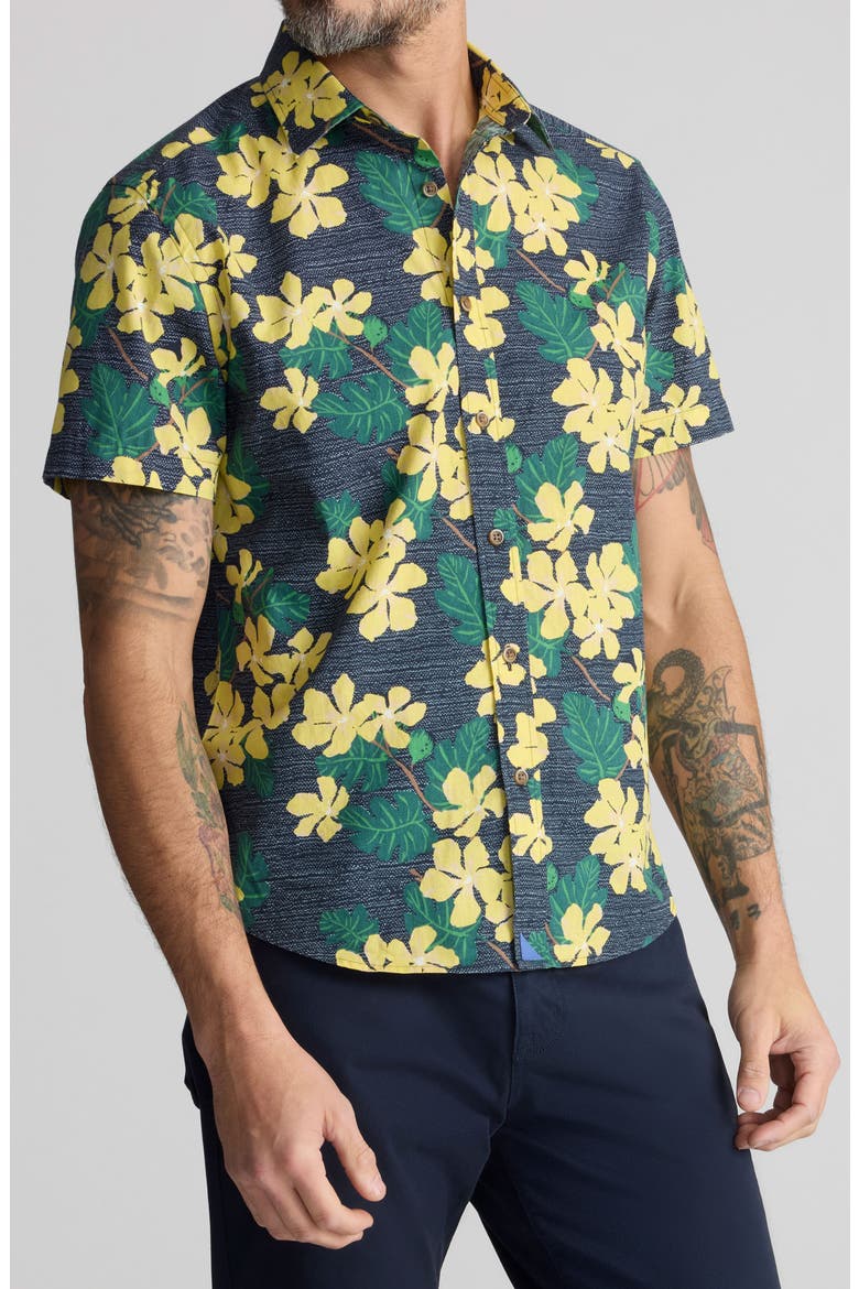 Finc Floral Short Sleeve Cotton Shirt, Main, color, NAVY YELLOW