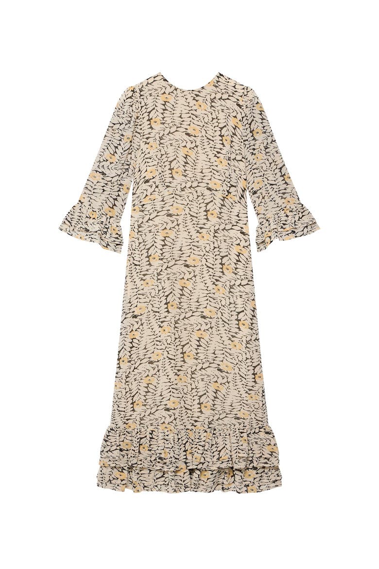 Floral Print Ruffle Midi Dress, Alternate, color, Black