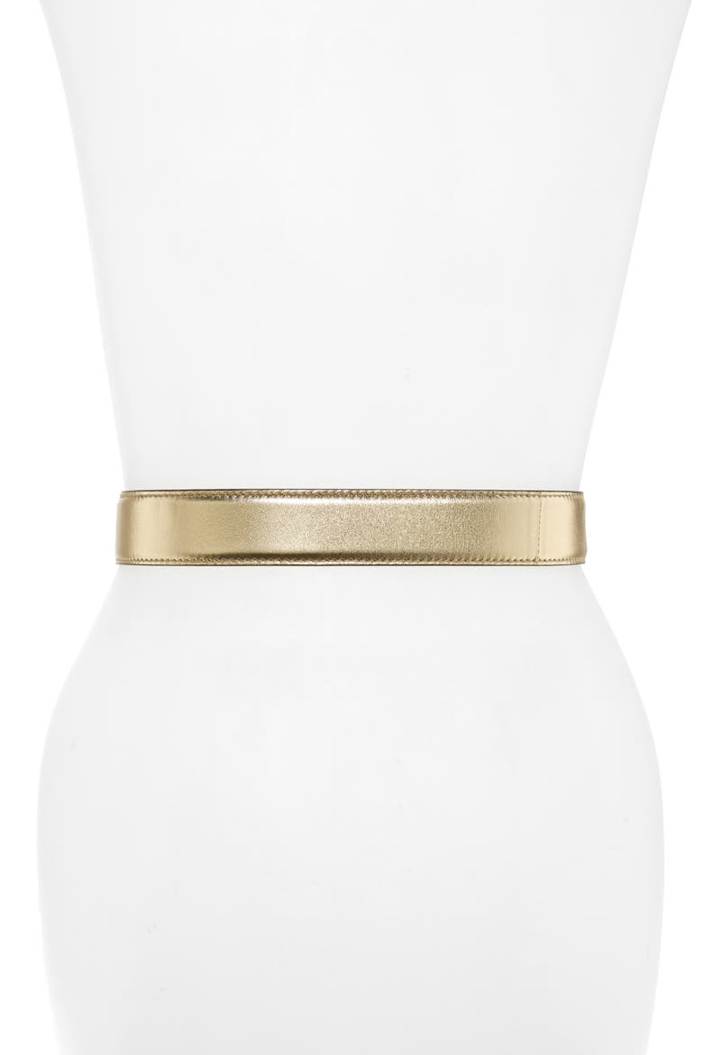 Jeweled Logo Plaque Metallic Leather Belt, Alternate, color, SHINY GOLD/ GOLD