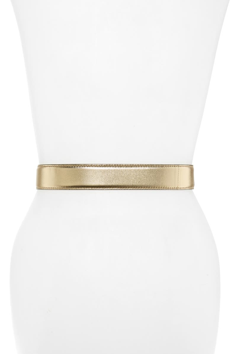 Moschino Jeweled Logo Plaque Metallic Leather Belt, Alternate, color,