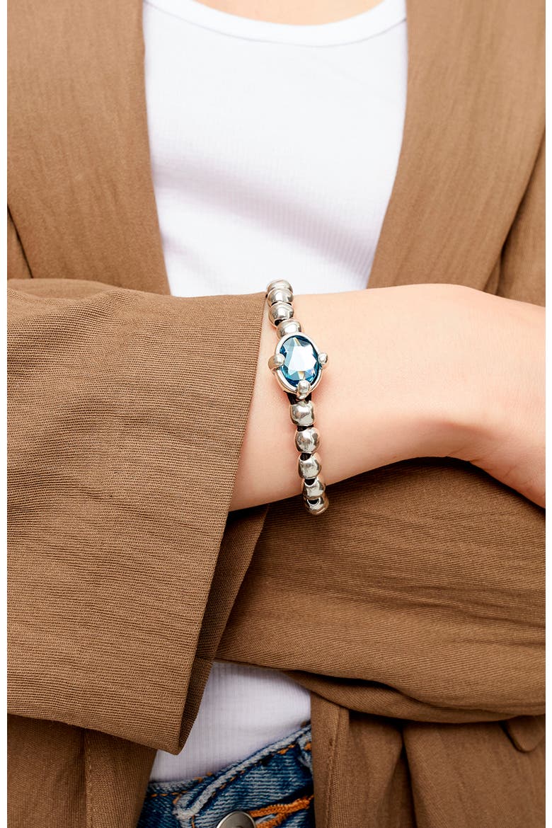 Sterling Silver Plated Ball Elastic Bracelet with Blue Faceted Crystal, Alternate, color, Silver