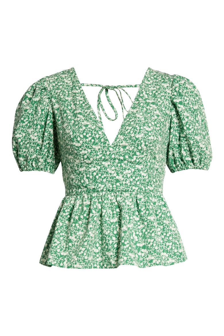 Ditsy Floral Print Cotton Peplum Blouse, Main, color, MEDIUM GREEN