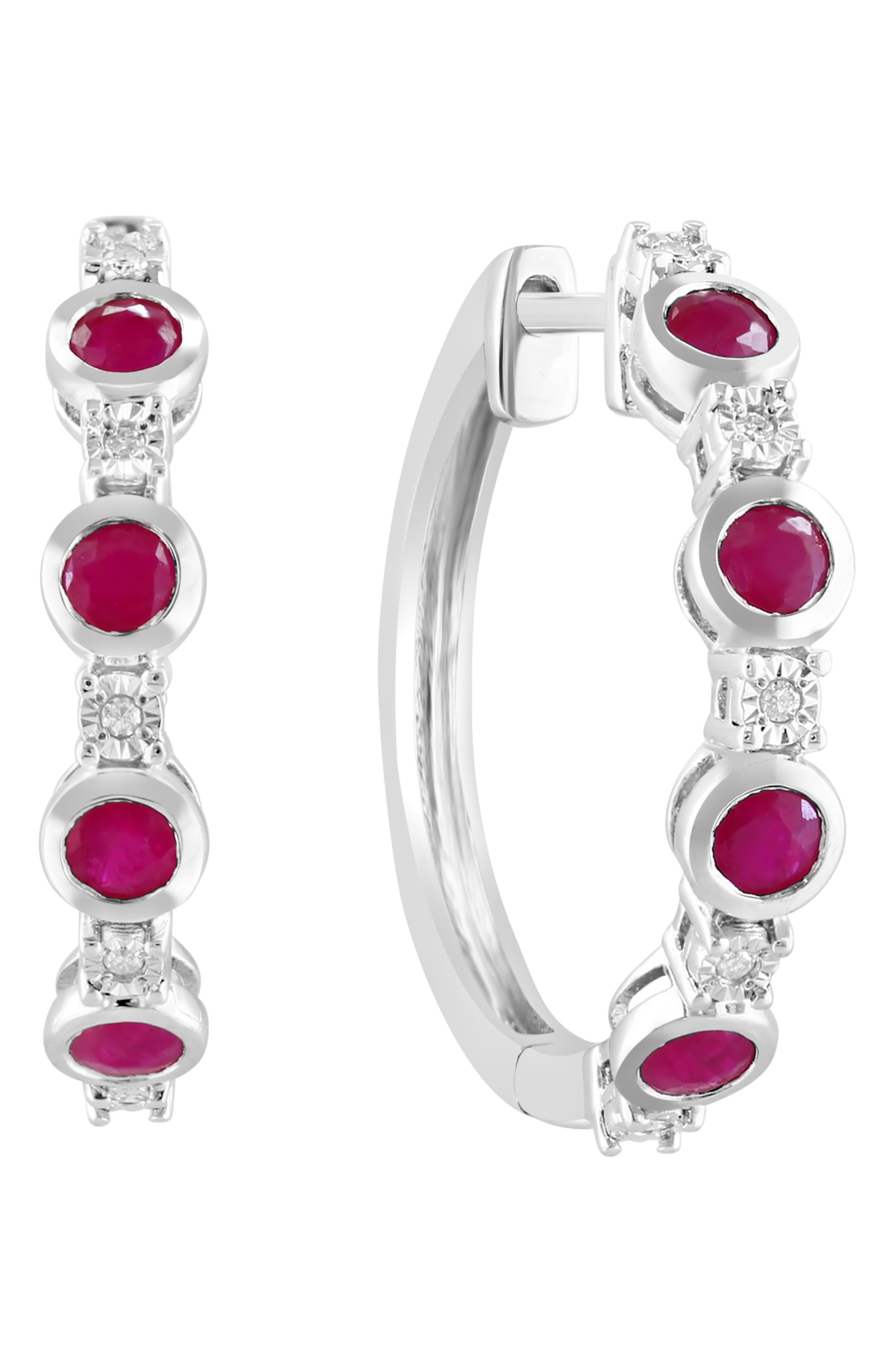 Sterling Silver Ruby & Diamond Hoop Earrings