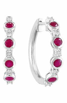 Sterling Silver Ruby & Diamond Hoop Earrings