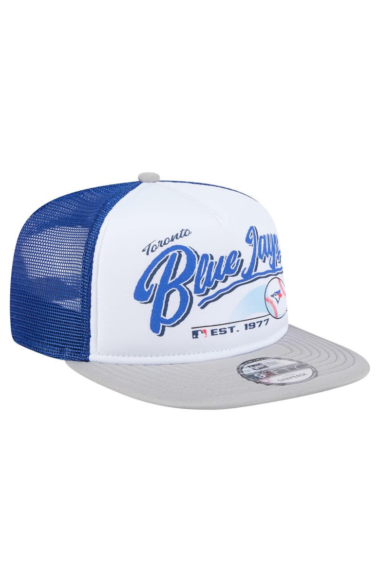 New Era Men's New Era White/Gray Toronto Blue Jays Retro Script Trucker 9FIFTY Snapback Hat, Alternate, color, White