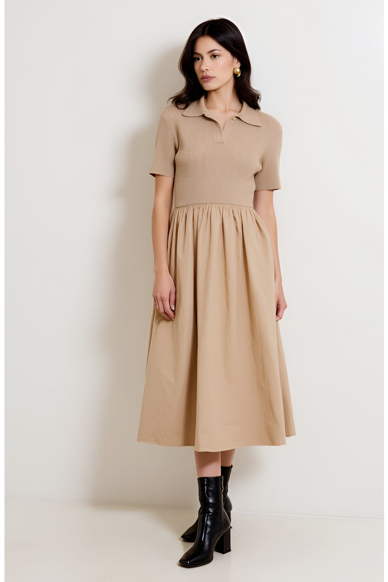 Polo Collar Short-Sleeve Gathered A-Line Midi Sweater Dress, Main, color, Beige