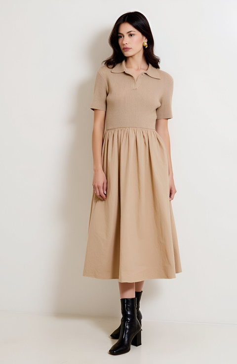 Polo Collar Short-Sleeve Gathered A-Line Midi Sweater Dress