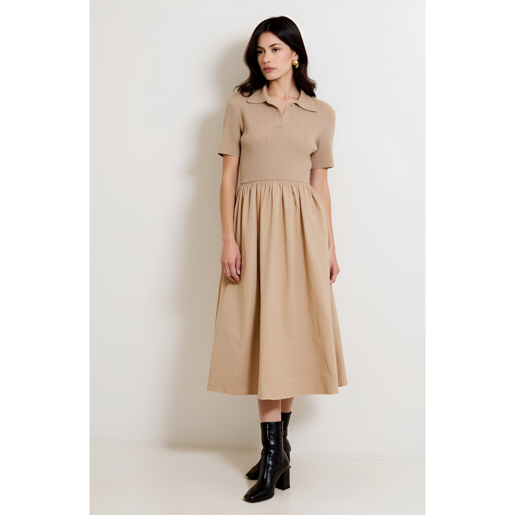 Modenaire Polo Collar Short-sleeve Gathered A-line Midi Sweater Dress In Brown