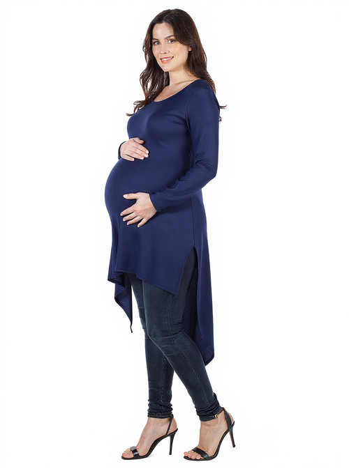 24seven Comfort Apparel Long Sleeve Knee Length Asymmetrical Maternity Tunic Top In Blue