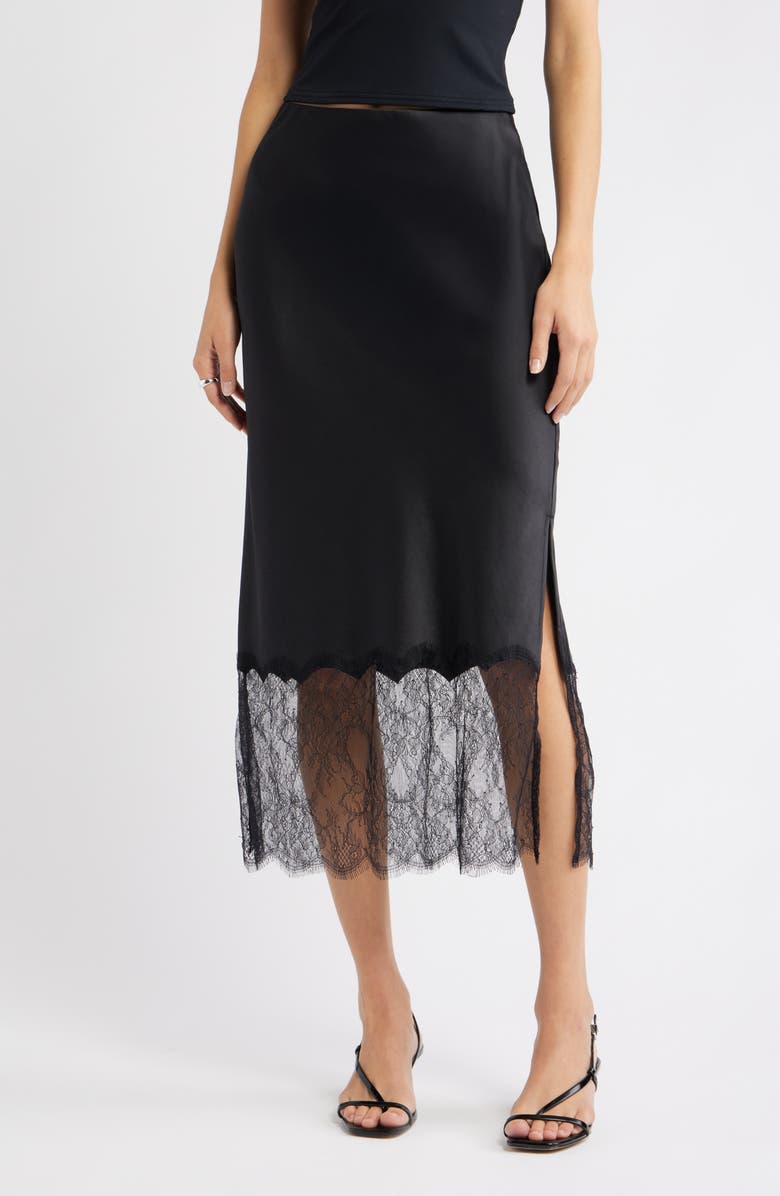 Open Edit Lace Trim Satin Midi Skirt, Main, color, Black
