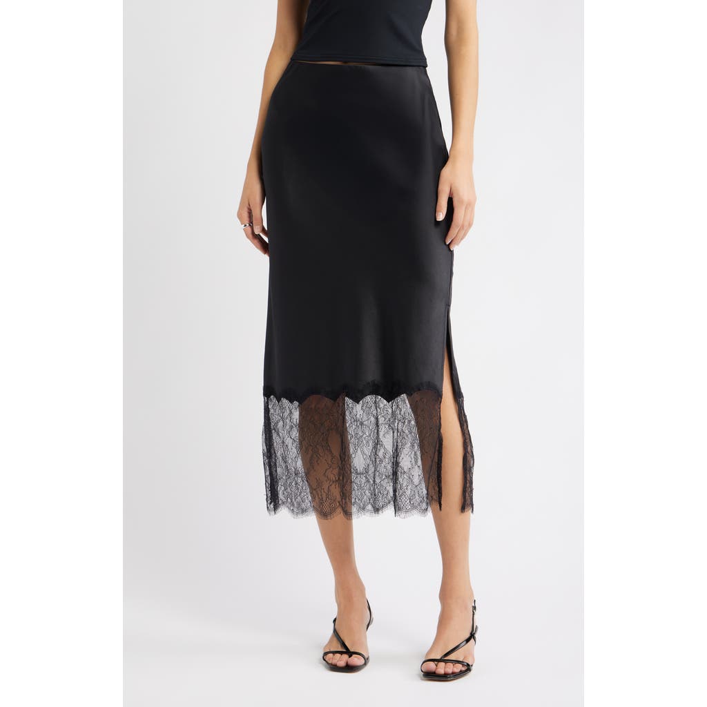 Open Edit Lace Trim Satin Midi Skirt In Black