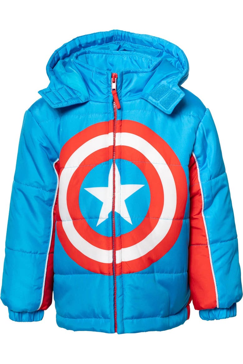 Avengers Hooded Zip-Up Puffer Jacket, Alternate, color, Blue Red Cap America