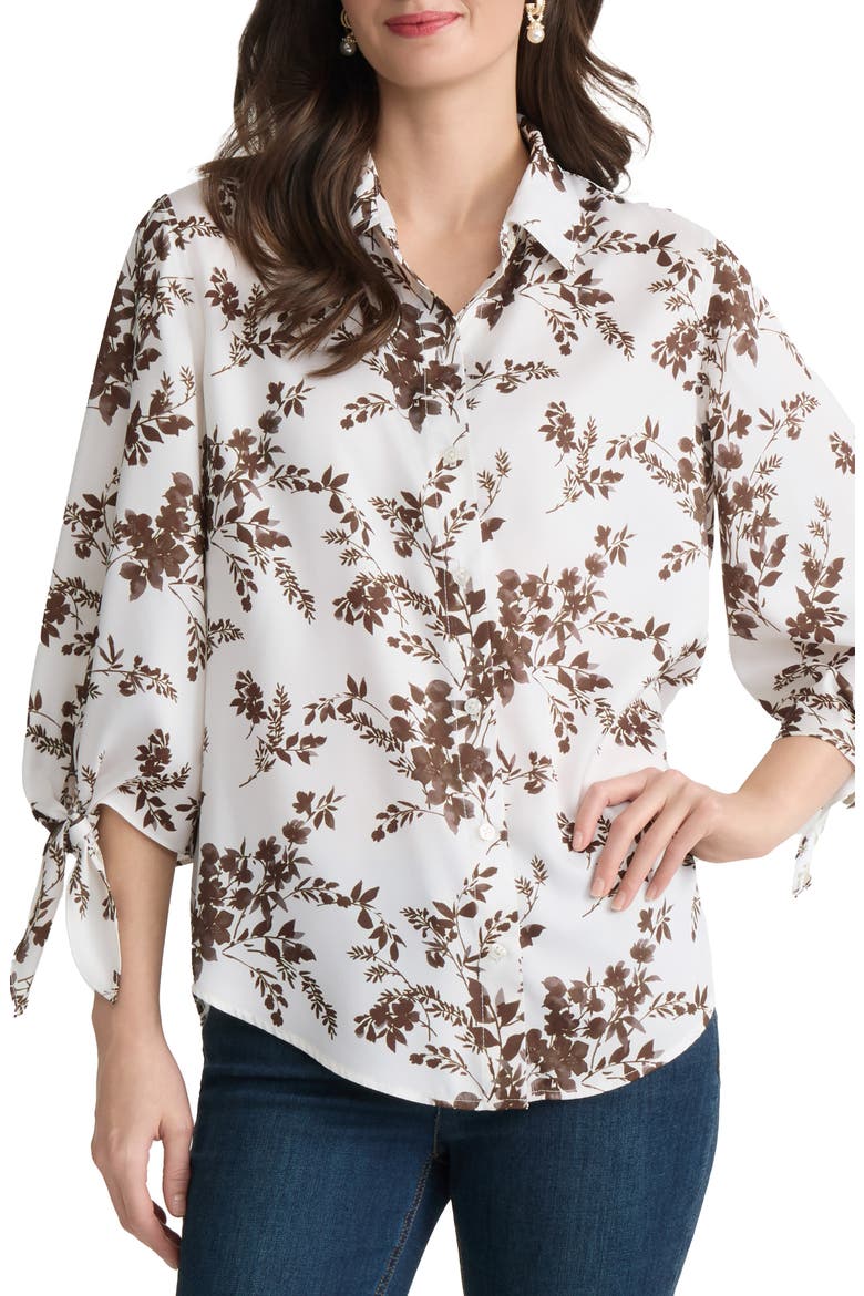 Floral Tie Sleeve Button-Up Shirt, Main, color, WHITE SAND MULTI