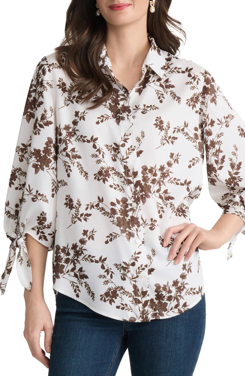 Jones New York Floral Tie Sleeve Button-Up Shirt, Main, color, White Sand Multi