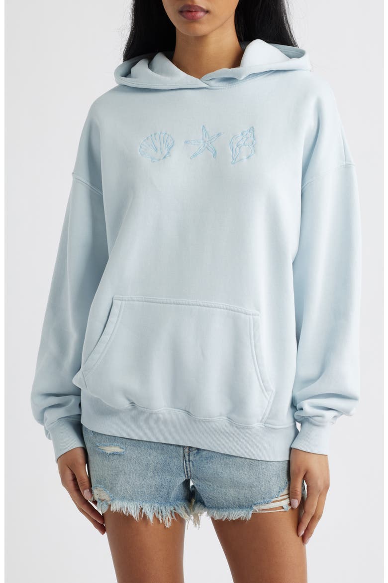 Embroidered Seashell Cotton Blend Hoodie, Main, color, LIGHT BLUE