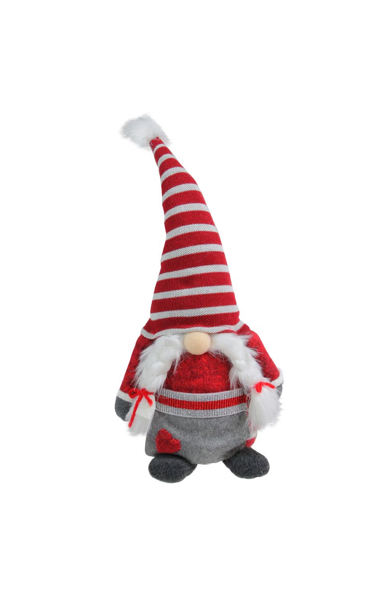 Northlight Girl Gnome with Pigtail Braids, Hearts and Striped Hat Christmas Figure - 15", Main, color, Red