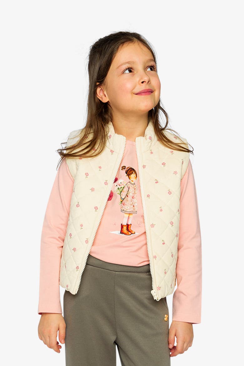 Corduroy Quilted Zip Puffy Vest, Alternate, color, Beige Floral Print