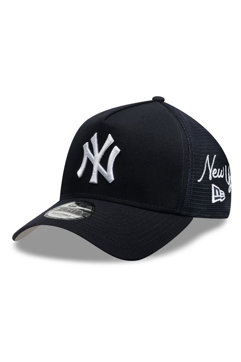 Men's New Era Navy New York Yankees Side Script 9FORTY A-Frame Trucker Adjustable Hat, Main, color, Navy