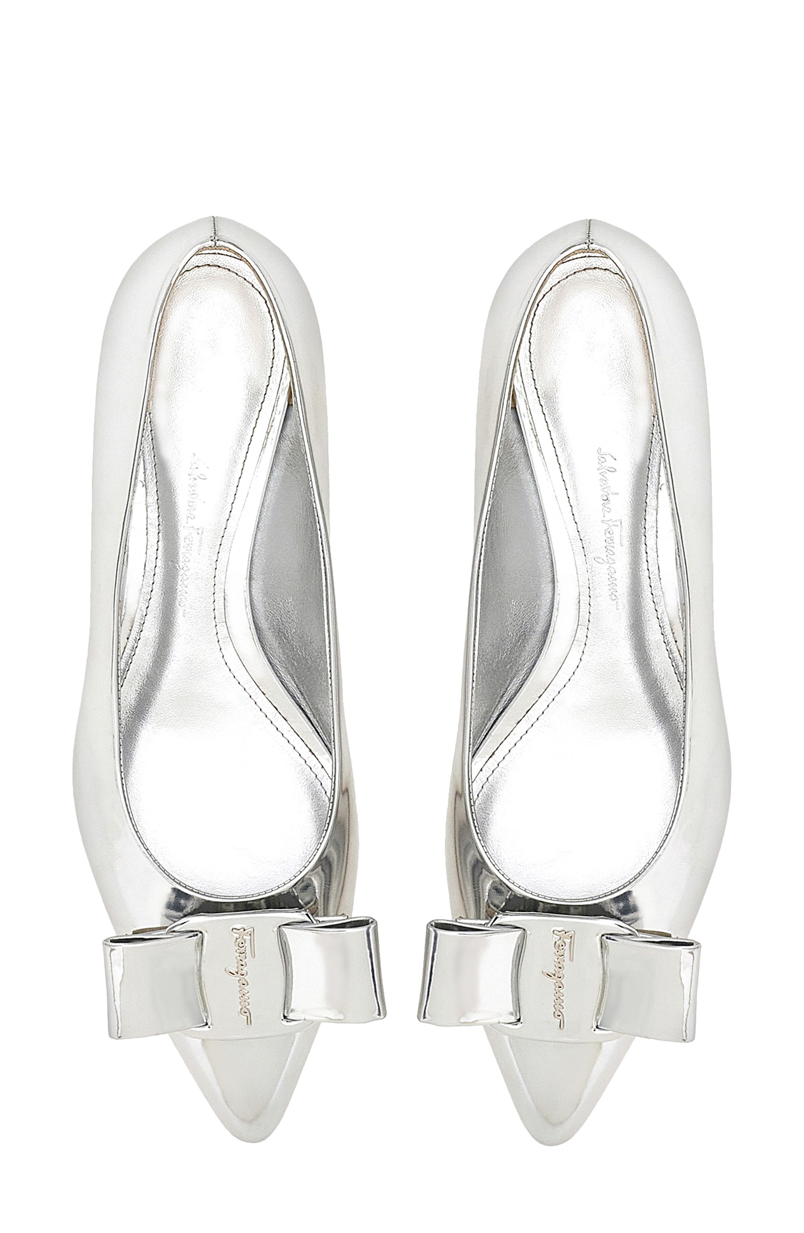 Salvatore Ferragamo Viva Bow Pointed Toe Ballet Flat, Alternate, color, SILVER