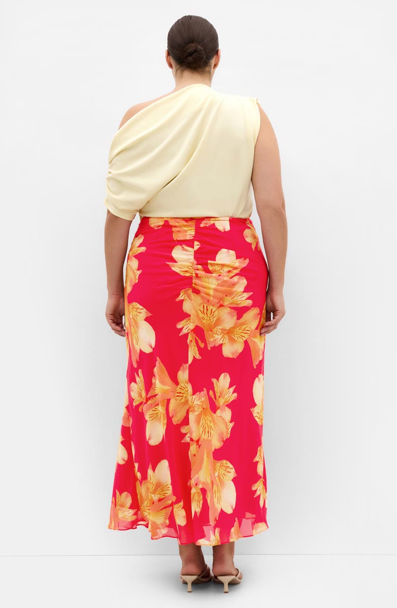 City Chic Soiree Print Ruched Maxi Skirt, Alternate, color, Fuchsia Lily