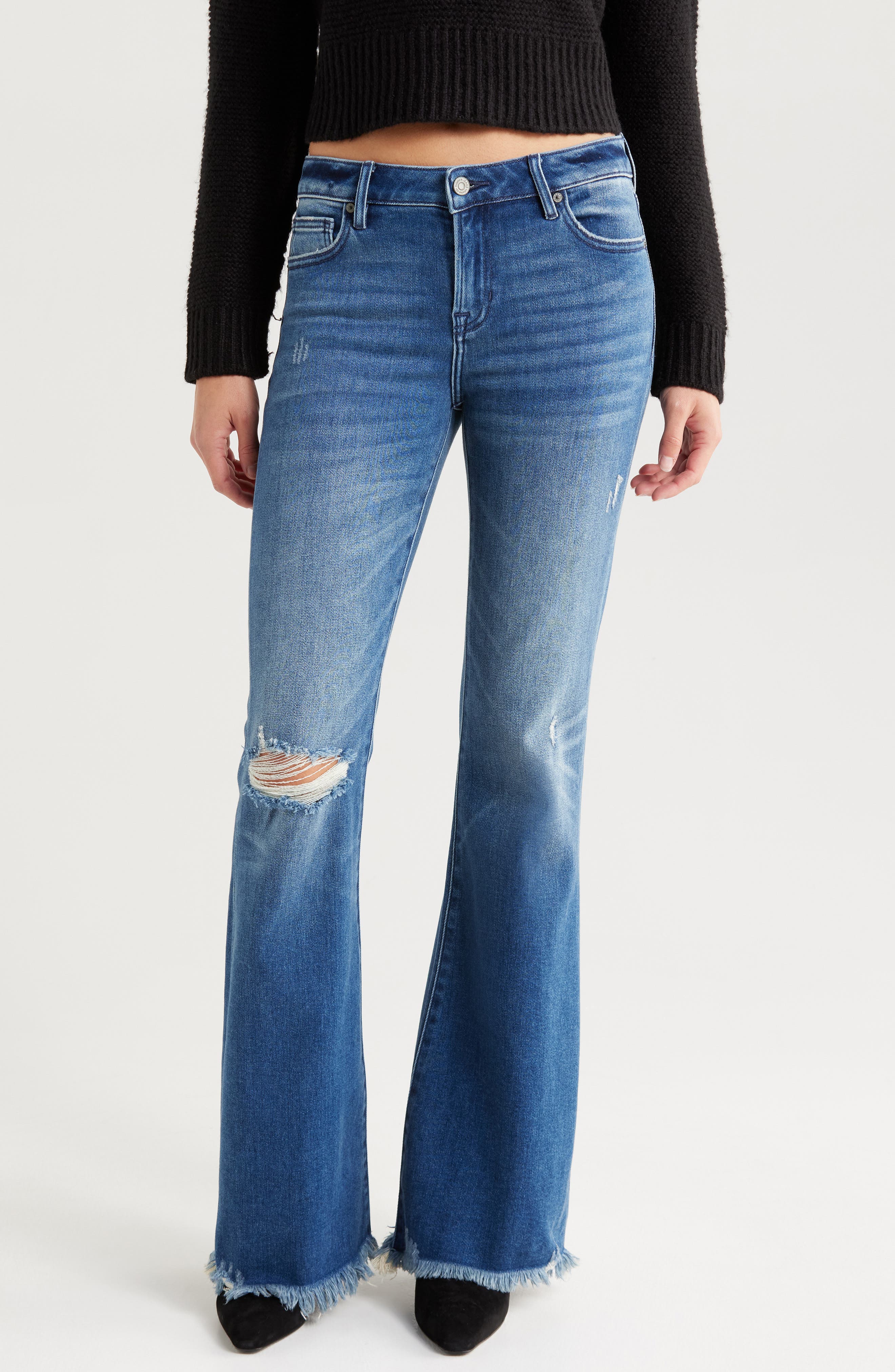Ripped Mid Rise Flare Jeans