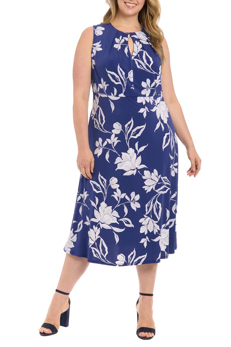 Keyhole Midi Dress, Main, color, NAVY/ IVORY