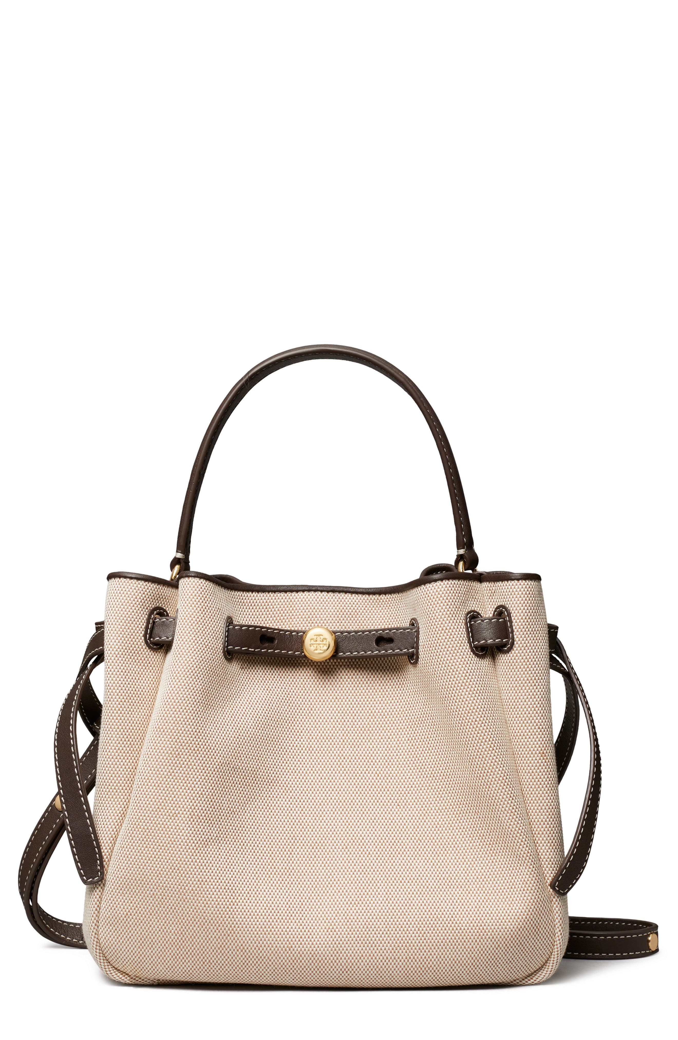 Tory Burch Romy Canvas Bucket Crossbody Bag, Main, color, Dusty Almond/ Bianco White