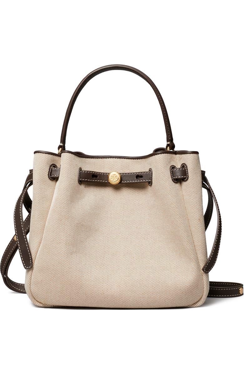 Tory Burch Romy Canvas Bucket Crossbody Bag, Main, color, Dusty Almond/ Bianco White